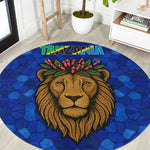 Tanzania Simba Lion Round Carpet - Floral Crown and Blue Mosaic Design