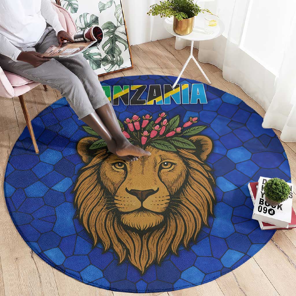 Tanzania Simba Lion Round Carpet - Floral Crown and Blue Mosaic Design