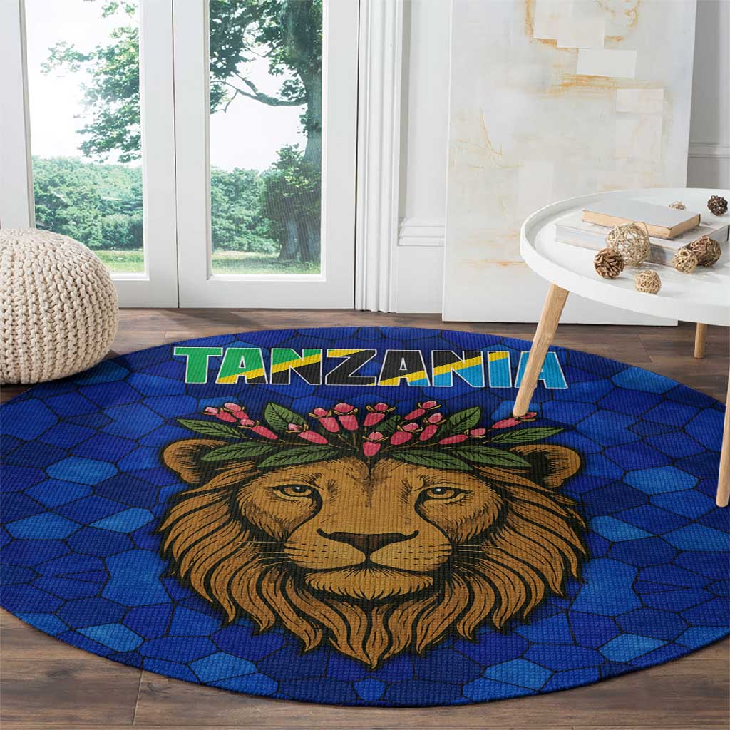 Tanzania Simba Lion Round Carpet - Floral Crown and Blue Mosaic Design