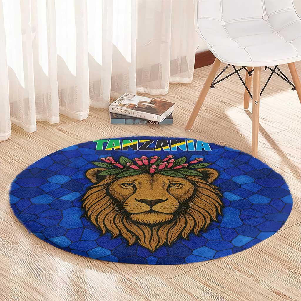 Tanzania Simba Lion Round Carpet - Floral Crown and Blue Mosaic Design