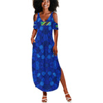 Tanzania Simba Lion Summer Maxi Dress - Floral Crown and Blue Mosaic Design