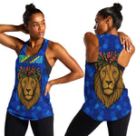 Tanzania Simba Lion Women Racerback Tank - Floral Crown and Blue Mosaic Design