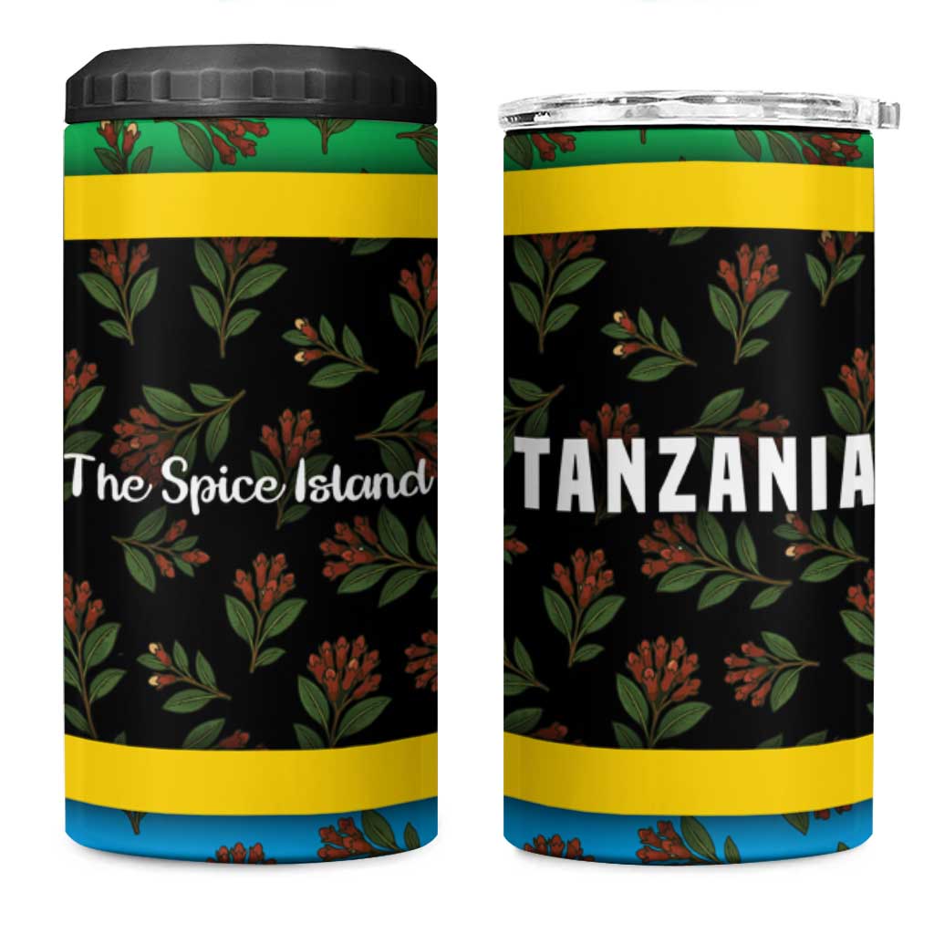 Tanzania Spice Island 4 in 1 Can Cooler Tumbler with Clove Leaf Pattern and National Flag Colors