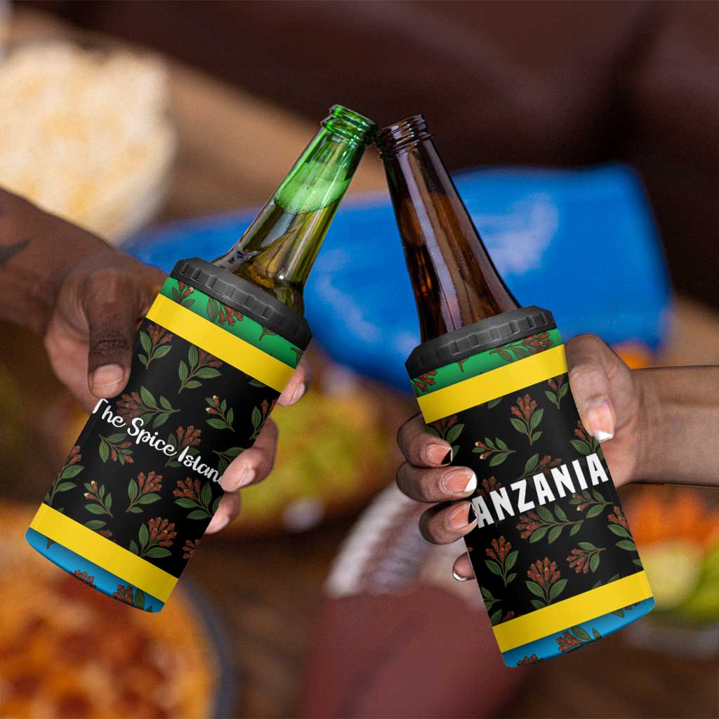 Tanzania Spice Island 4 in 1 Can Cooler Tumbler with Clove Leaf Pattern and National Flag Colors