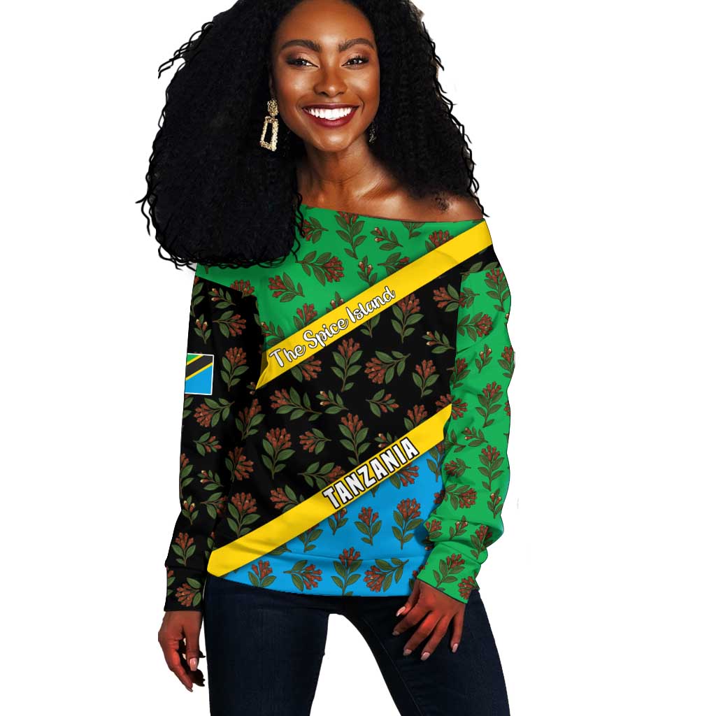 Tanzania Spice Island Off Shoulder Sweater with Clove Leaf Pattern and National Flag Colors