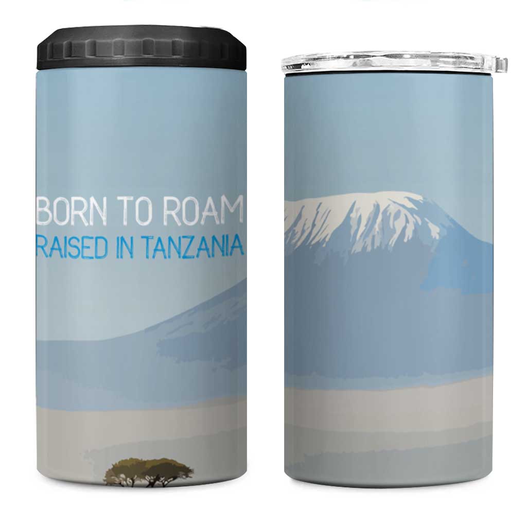 Tanzania Safari Giraffe 4 in 1 Can Cooler Tumbler - Tribal Patterns and Mount Kilimanjaro Scene