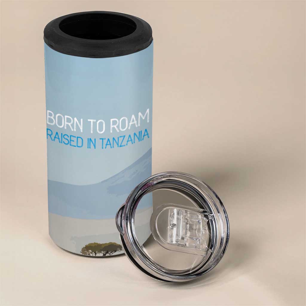 Tanzania Safari Giraffe 4 in 1 Can Cooler Tumbler - Tribal Patterns and Mount Kilimanjaro Scene