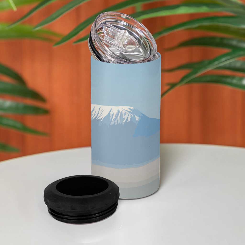 Tanzania Safari Giraffe 4 in 1 Can Cooler Tumbler - Tribal Patterns and Mount Kilimanjaro Scene