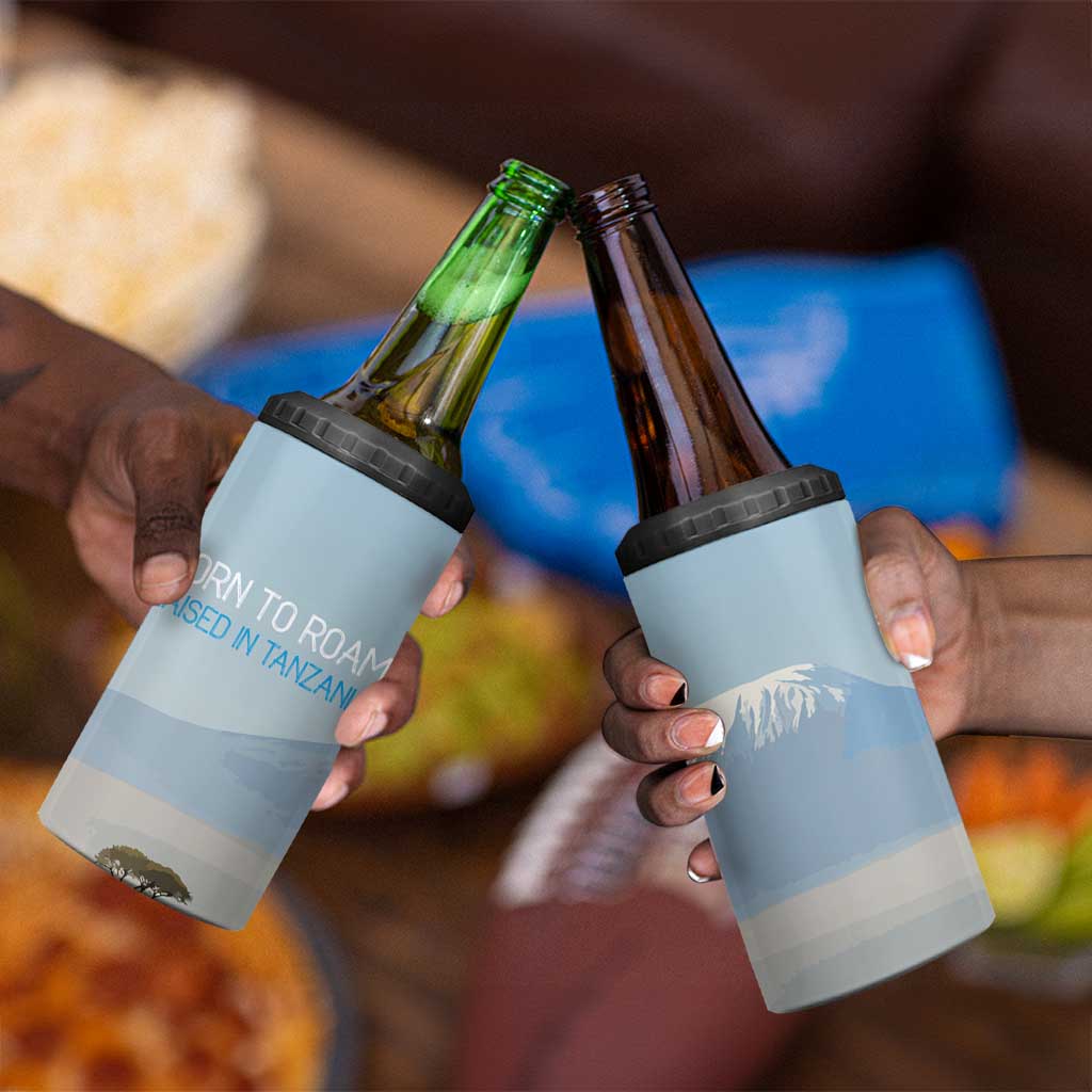 Tanzania Safari Giraffe 4 in 1 Can Cooler Tumbler - Tribal Patterns and Mount Kilimanjaro Scene