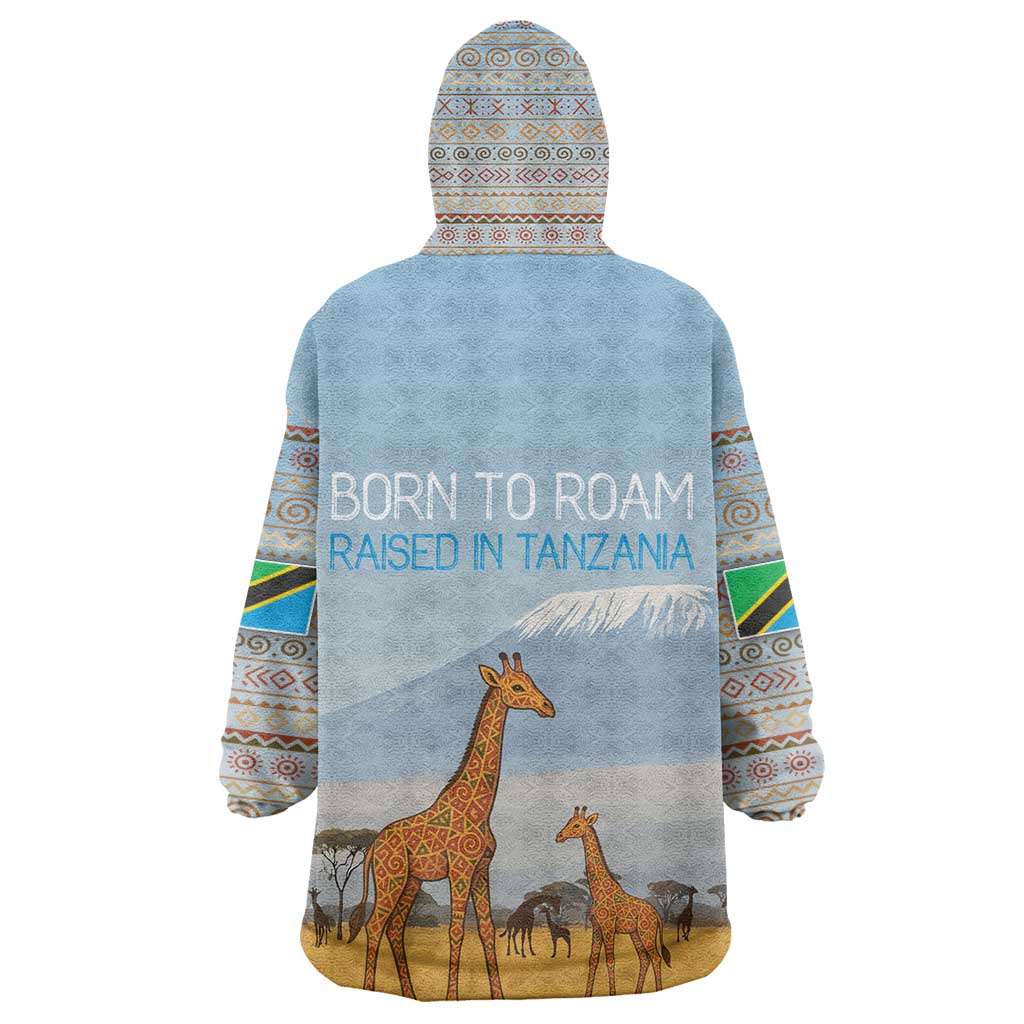 Tanzania Safari Giraffe Kid Wearable Blanket Hoodie - Tribal Patterns and Mount Kilimanjaro Scene