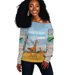 Tanzania Safari Giraffe Off Shoulder Sweater - Tribal Patterns and Mount Kilimanjaro Scene