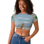 Tanzania Safari Giraffe Raglan Cropped T shirt - Tribal Patterns and Mount Kilimanjaro Scene