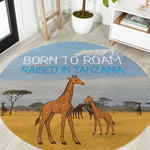Tanzania Safari Giraffe Round Carpet - Tribal Patterns and Mount Kilimanjaro Scene