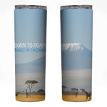 Tanzania Safari Giraffe Skinny Tumbler - Tribal Patterns and Mount Kilimanjaro Scene