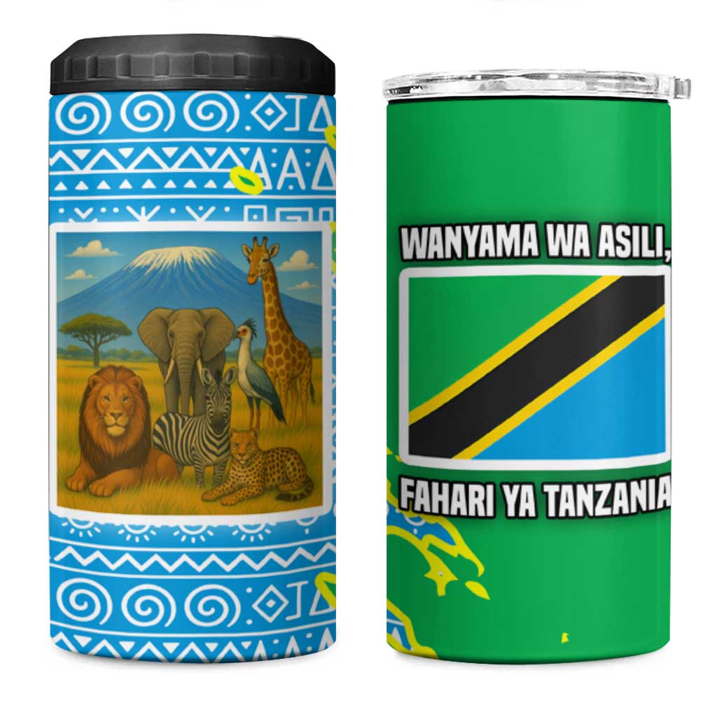 Tanzania Wildlife 4 in 1 Can Cooler Tumbler - Tribal Print and Mount Kilimanjaro Safari Scene