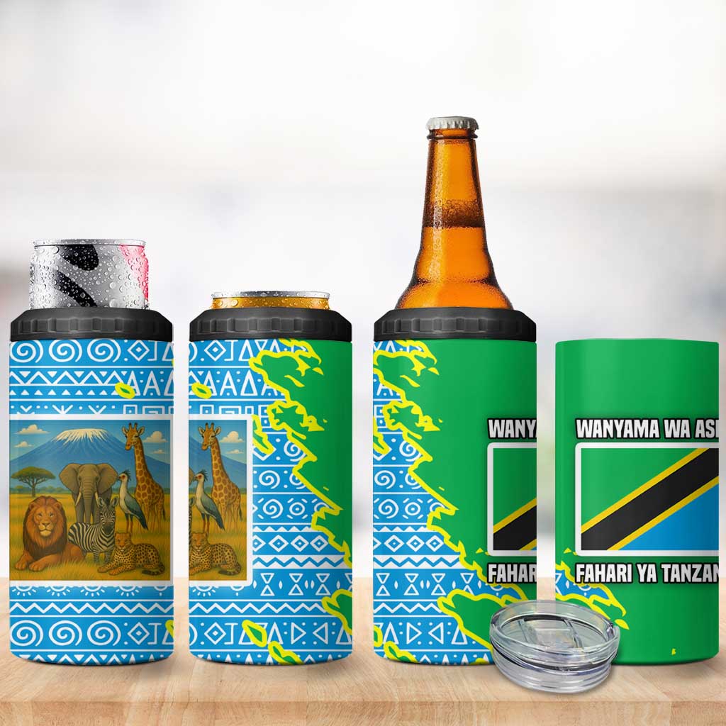 Tanzania Wildlife 4 in 1 Can Cooler Tumbler - Tribal Print and Mount Kilimanjaro Safari Scene