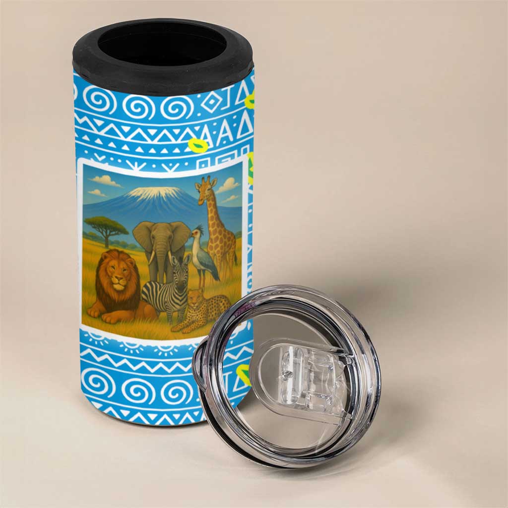 Tanzania Wildlife 4 in 1 Can Cooler Tumbler - Tribal Print and Mount Kilimanjaro Safari Scene