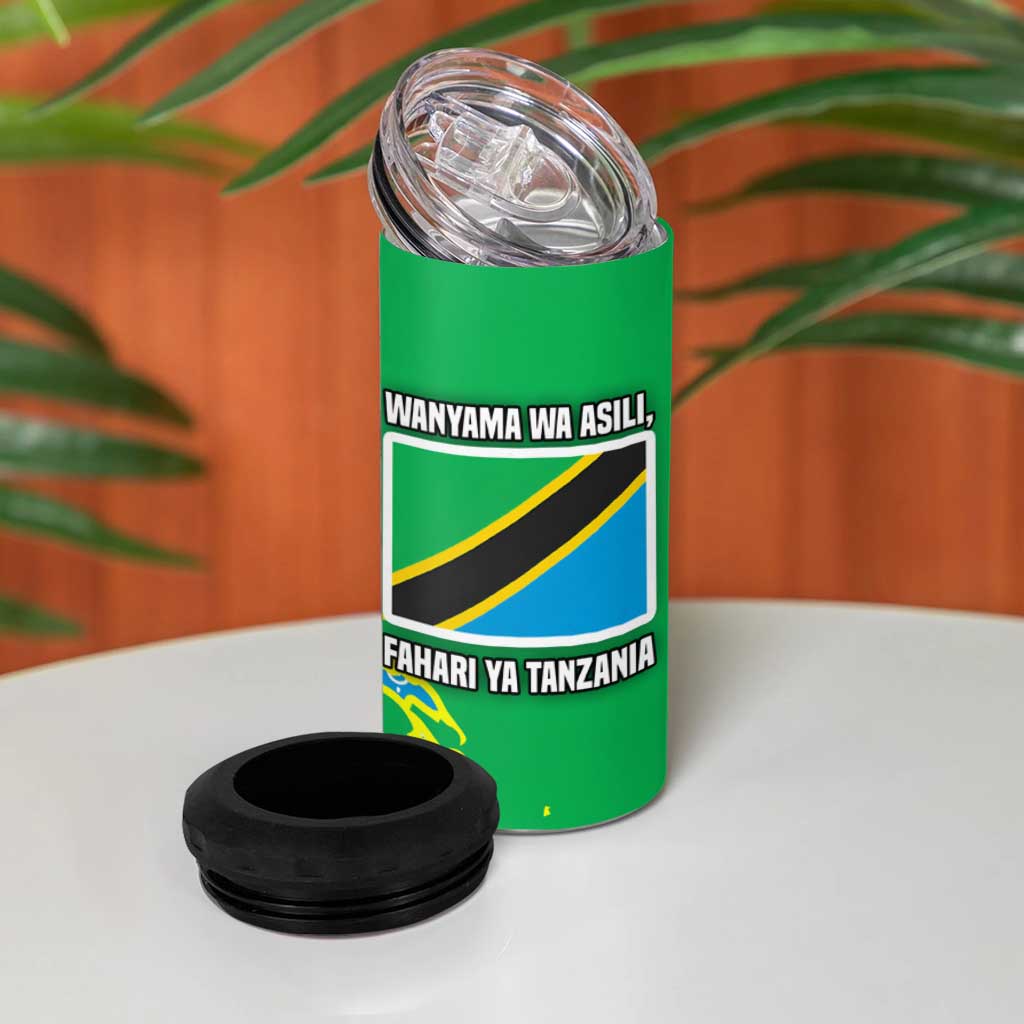 Tanzania Wildlife 4 in 1 Can Cooler Tumbler - Tribal Print and Mount Kilimanjaro Safari Scene