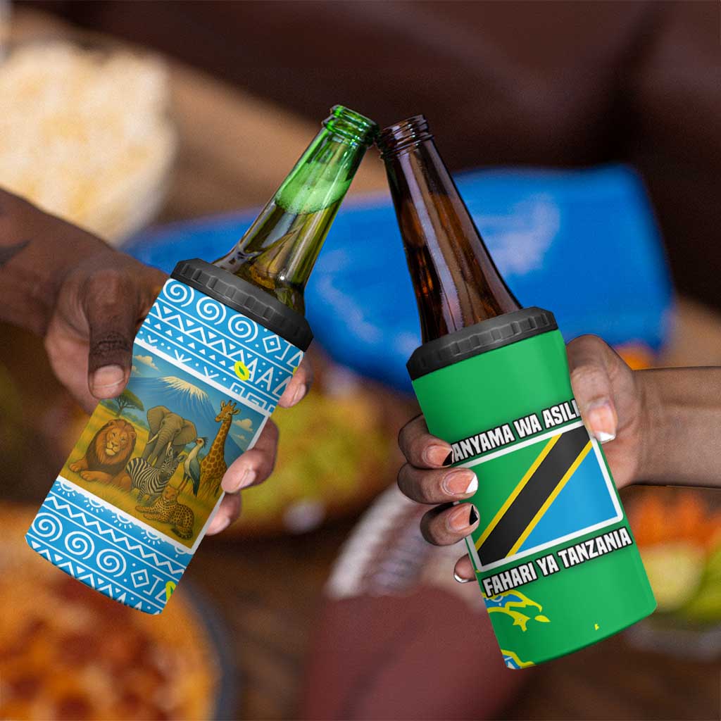 Tanzania Wildlife 4 in 1 Can Cooler Tumbler - Tribal Print and Mount Kilimanjaro Safari Scene