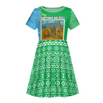 Tanzania Wildlife Kid Short Sleeve Dress - Tribal Print and Mount Kilimanjaro Safari Scene
