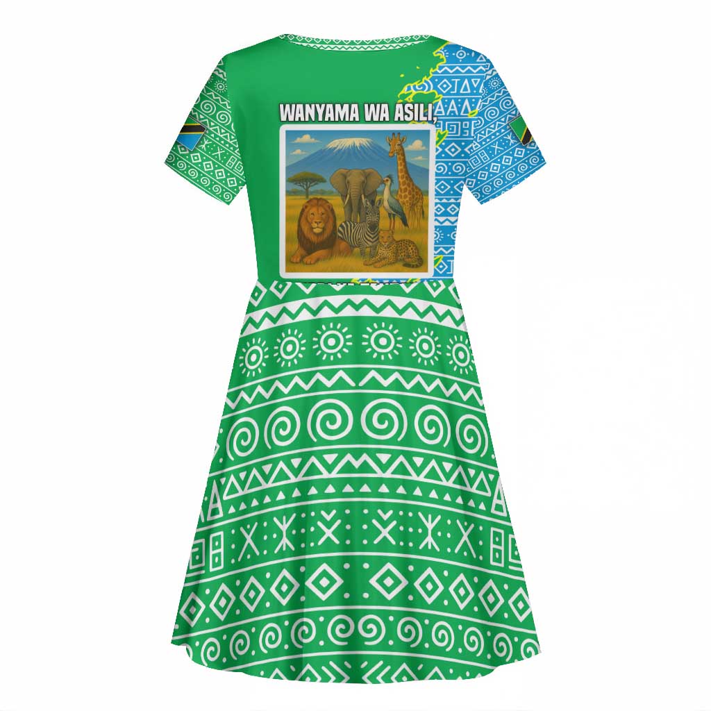 Tanzania Wildlife Kid Short Sleeve Dress - Tribal Print and Mount Kilimanjaro Safari Scene