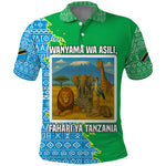 Tanzania Wildlife Polo Shirt - Tribal Print and Mount Kilimanjaro Safari Scene
