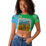 Tanzania Wildlife Raglan Cropped T shirt - Tribal Print and Mount Kilimanjaro Safari Scene