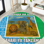Tanzania Wildlife Round Carpet - Tribal Print and Mount Kilimanjaro Safari Scene