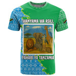 Tanzania Wildlife T shirt - Tribal Print and Mount Kilimanjaro Safari Scene