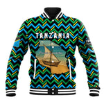 Tanzania Coastal Life Baseball Jacket - Swahili Dhow Boat and Tribal Pattern
