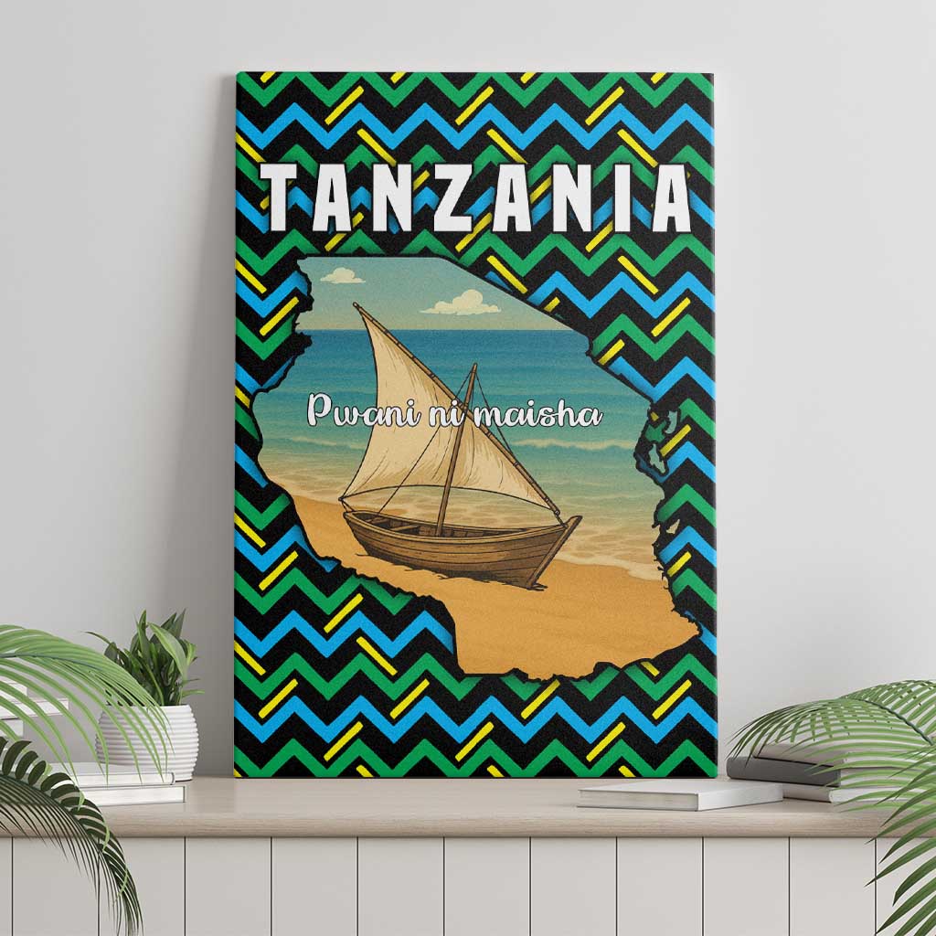 Tanzania Coastal Life Canvas Wall Art - Swahili Dhow Boat and Tribal Pattern