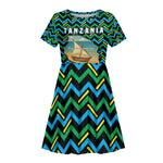 Tanzania Coastal Life Kid Short Sleeve Dress - Swahili Dhow Boat and Tribal Pattern