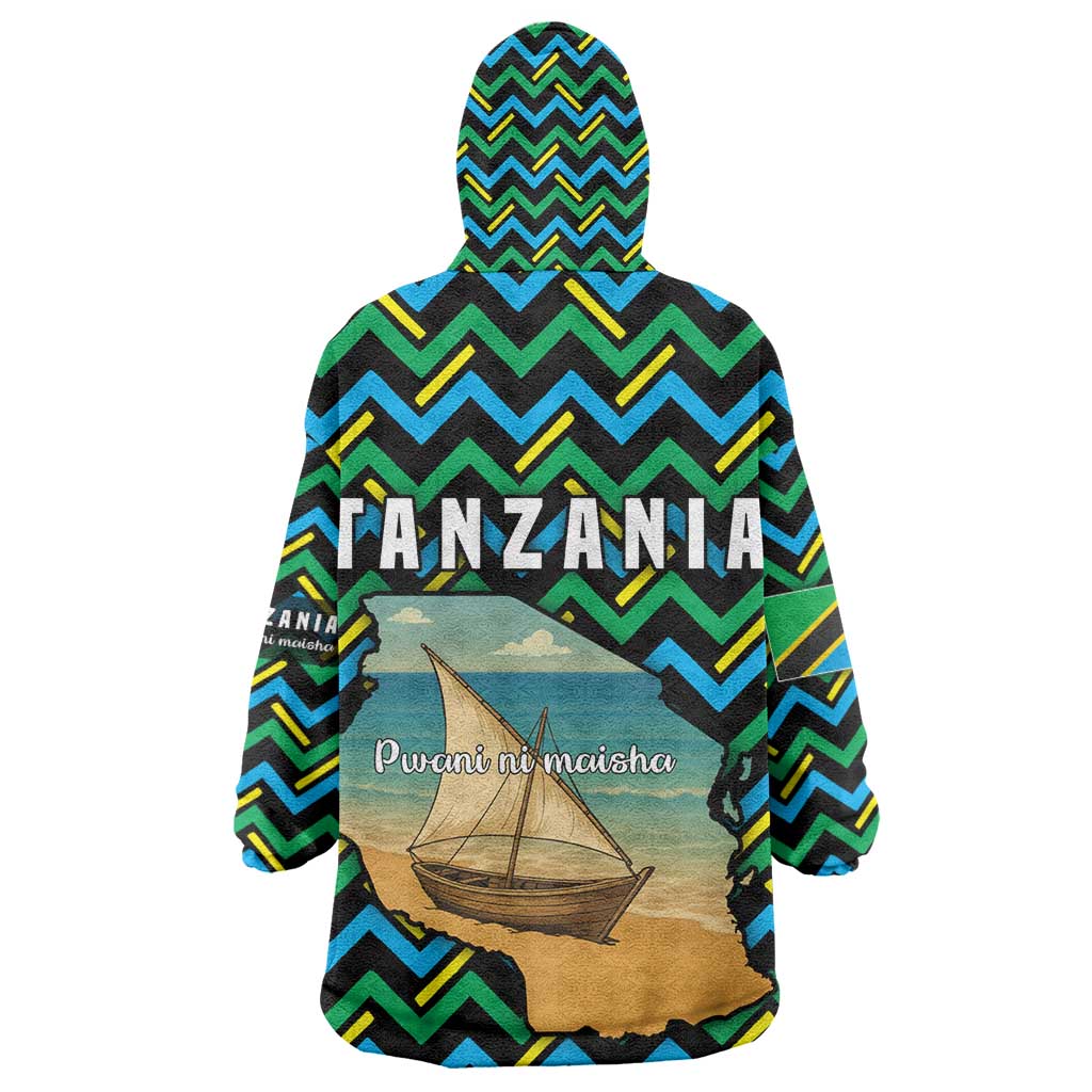 Tanzania Coastal Life Kid Wearable Blanket Hoodie - Swahili Dhow Boat and Tribal Pattern