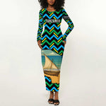 Tanzania Coastal Life Long Sleeve Bodycon Dress - Swahili Dhow Boat and Tribal Pattern