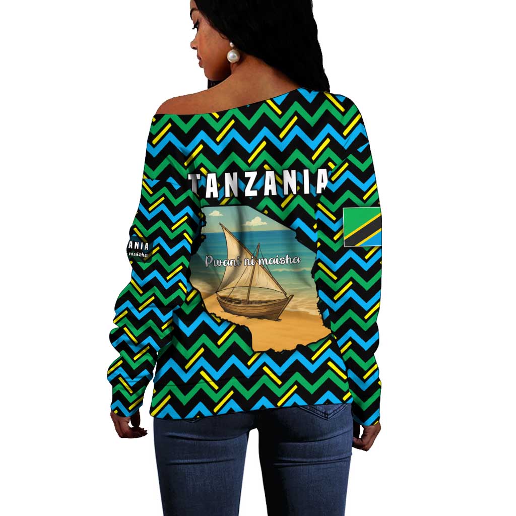 Tanzania Coastal Life Off Shoulder Sweater - Swahili Dhow Boat and Tribal Pattern