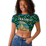 Tanzania Coastal Life Raglan Cropped T shirt - Swahili Dhow Boat and Tribal Pattern