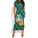 Tanzania Coastal Life Short Sleeve Bodycon Dress - Swahili Dhow Boat and Tribal Pattern
