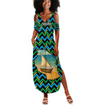 Tanzania Coastal Life Summer Maxi Dress - Swahili Dhow Boat and Tribal Pattern