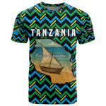 Tanzania Coastal Life T shirt - Swahili Dhow Boat and Tribal Pattern