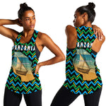 Tanzania Coastal Life Women Racerback Tank - Swahili Dhow Boat and Tribal Pattern