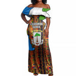 Equatorial Guinea Kente Off Shoulder Maxi Dress - Tribal Mask and National Coat of Arms