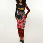 Equatorial Guinea Elephant Long Sleeve Bodycon Dress - Hibiscus Flowers and Tribal Patterns