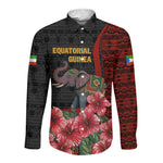 Equatorial Guinea Elephant Long Sleeve Button Shirt - Hibiscus Flowers and Tribal Patterns