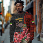Equatorial Guinea Elephant Long Sleeve Shirt - Hibiscus Flowers and Tribal Patterns