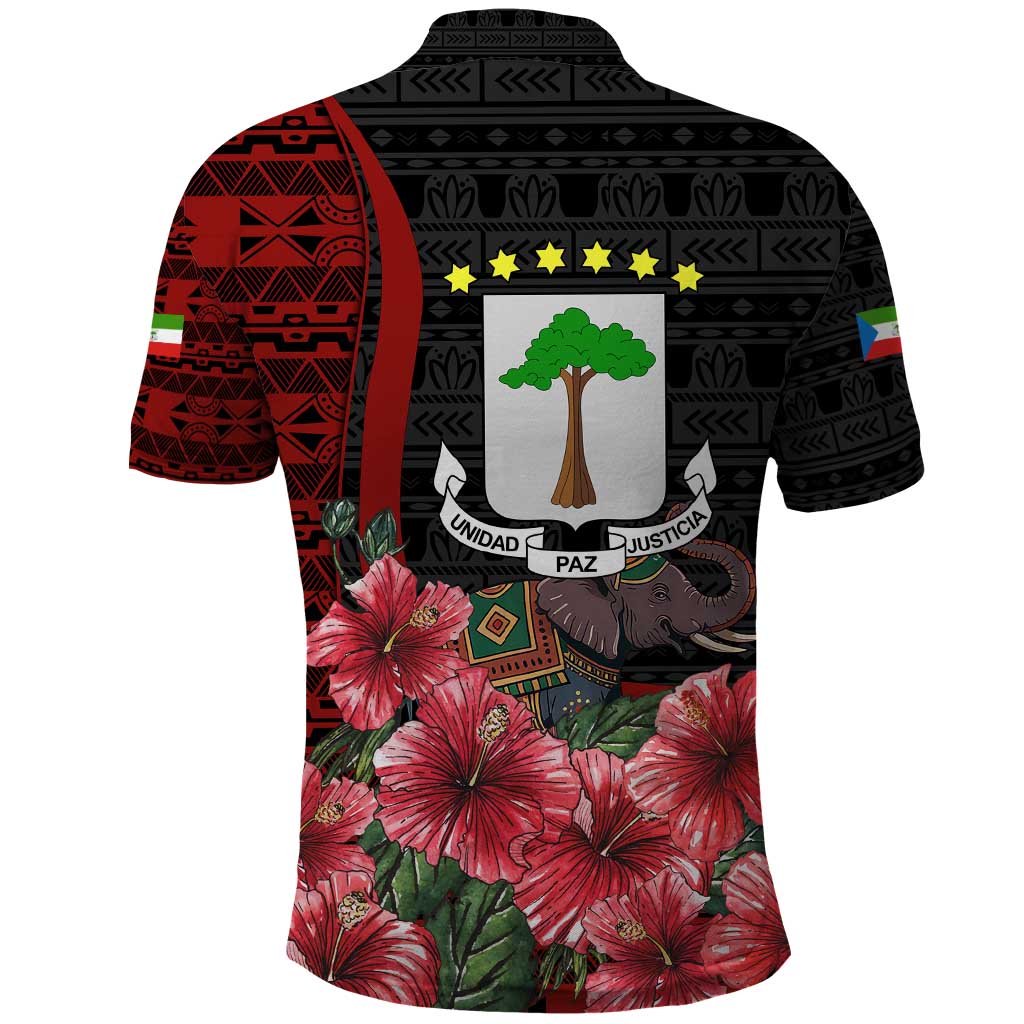 Equatorial Guinea Elephant Polo Shirt - Hibiscus Flowers and Tribal Patterns