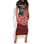 Equatorial Guinea Elephant Short Sleeve Bodycon Dress - Hibiscus Flowers and Tribal Patterns