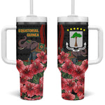 Equatorial Guinea Elephant Tumbler With Handle - Hibiscus Flowers and Tribal Patterns