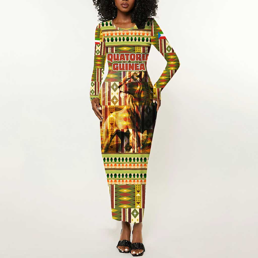 Equatorial Guinea Long Sleeve Bodycon Dress - Lion Print and Traditional African Kente Patterns by AfricanPride Equatorial Guinea Long Sleeve Bodycon Dress - Lion Print and Traditional African Kente Patterns by AfricanPride