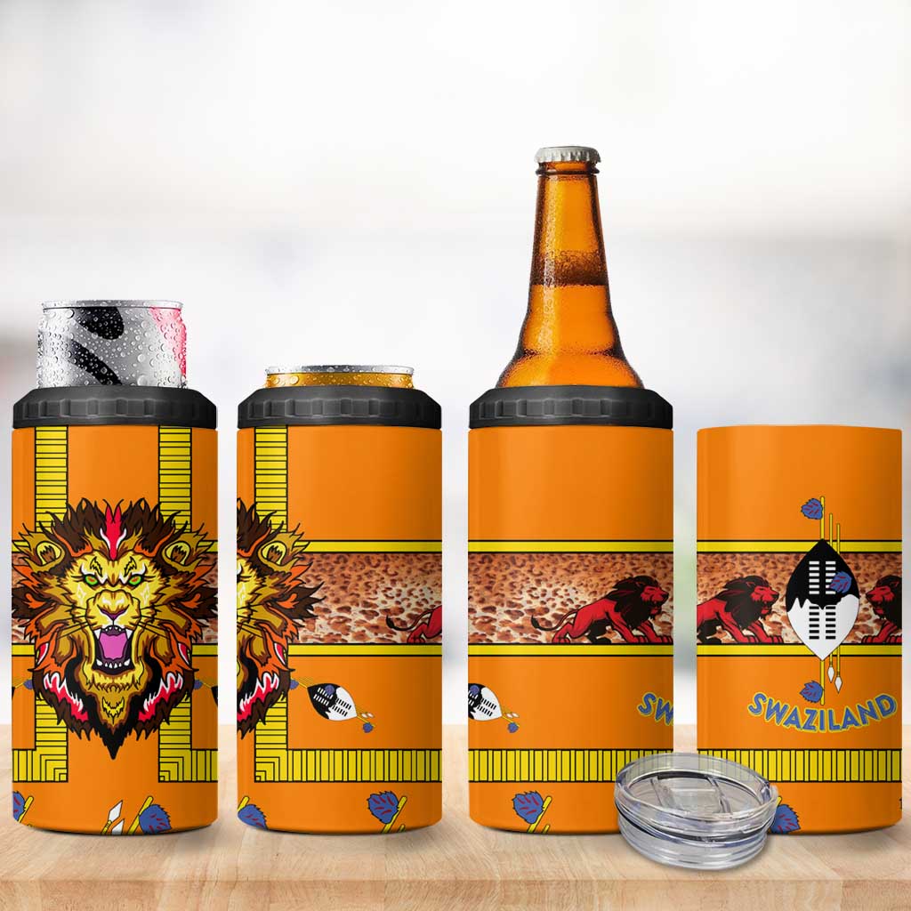 Swaziland Eswatini 4 in 1 Can Cooler Tumbler Lion Shield and Leopard Print Tribal Design