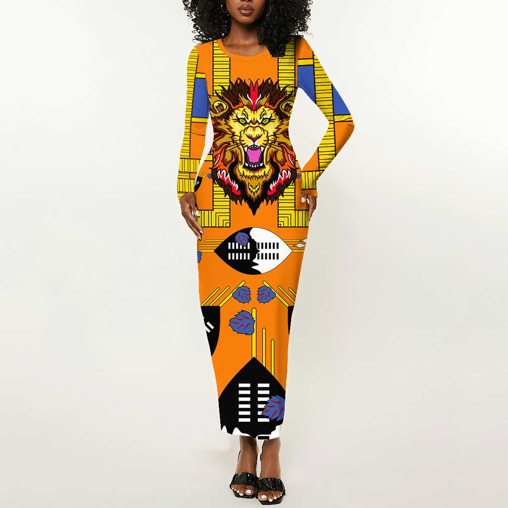 Swaziland Eswatini Long Sleeve Bodycon Dress Lion Shield and Leopard Print Tribal Design by AfricanPride Swaziland Eswatini Long Sleeve Bodycon Dress Lion Shield and Leopard Print Tribal Design by AfricanPride